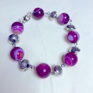 Fuschia Pink Agate Geode Silver Charmed Bracelet Handmade